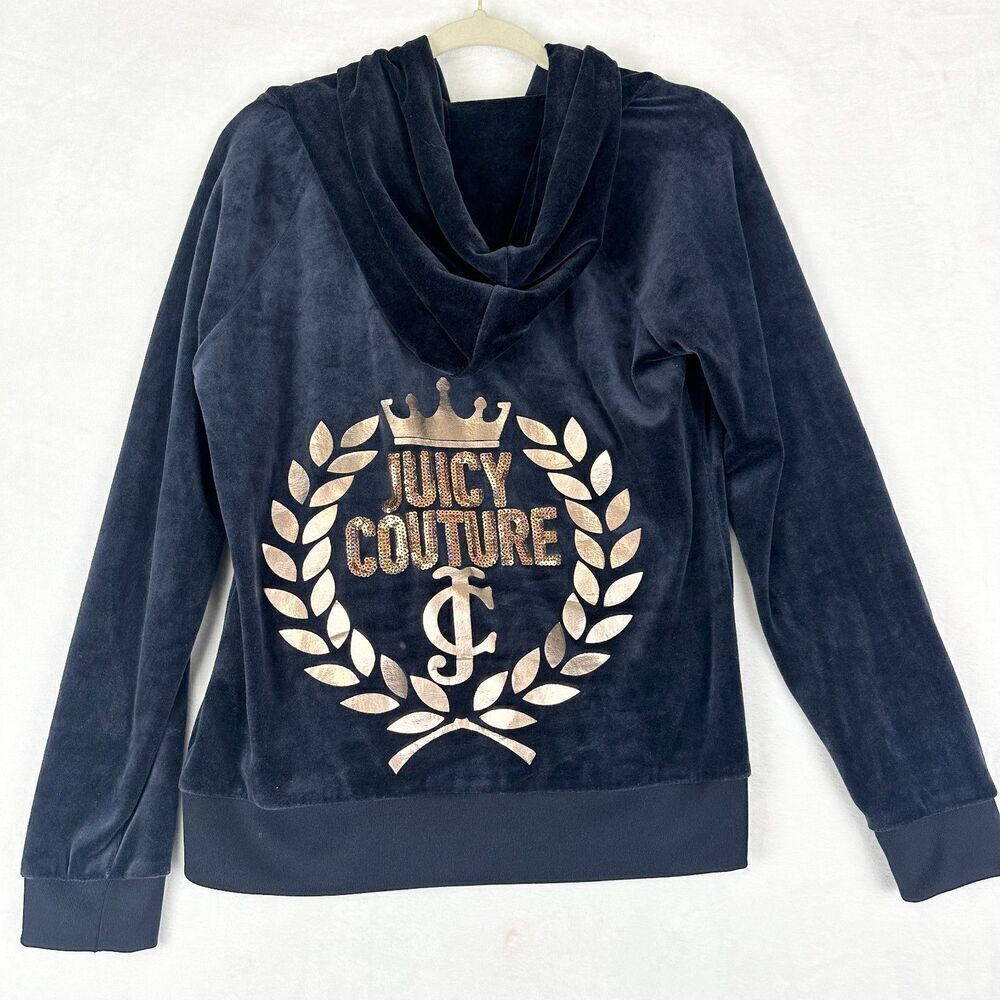 Juicy Couture Velour Full Zip Hooded Bling Jacket Size Large Navy Blue Y2K